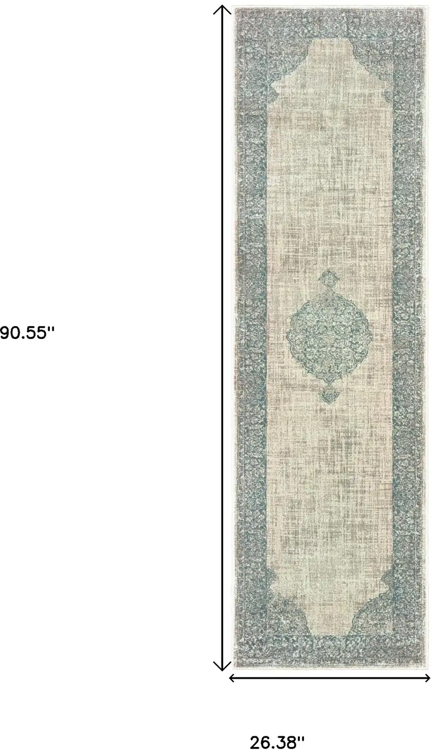 8' Ivory And Blue Oriental Runner Rug Photo 3