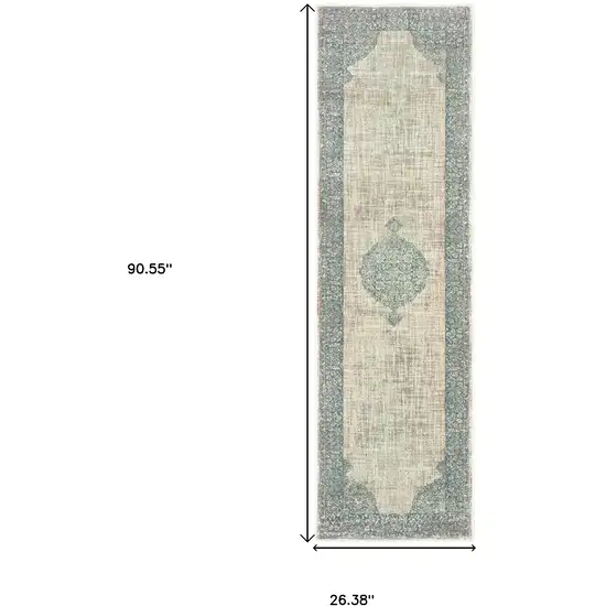 8' Ivory And Blue Oriental Runner Rug Photo 3