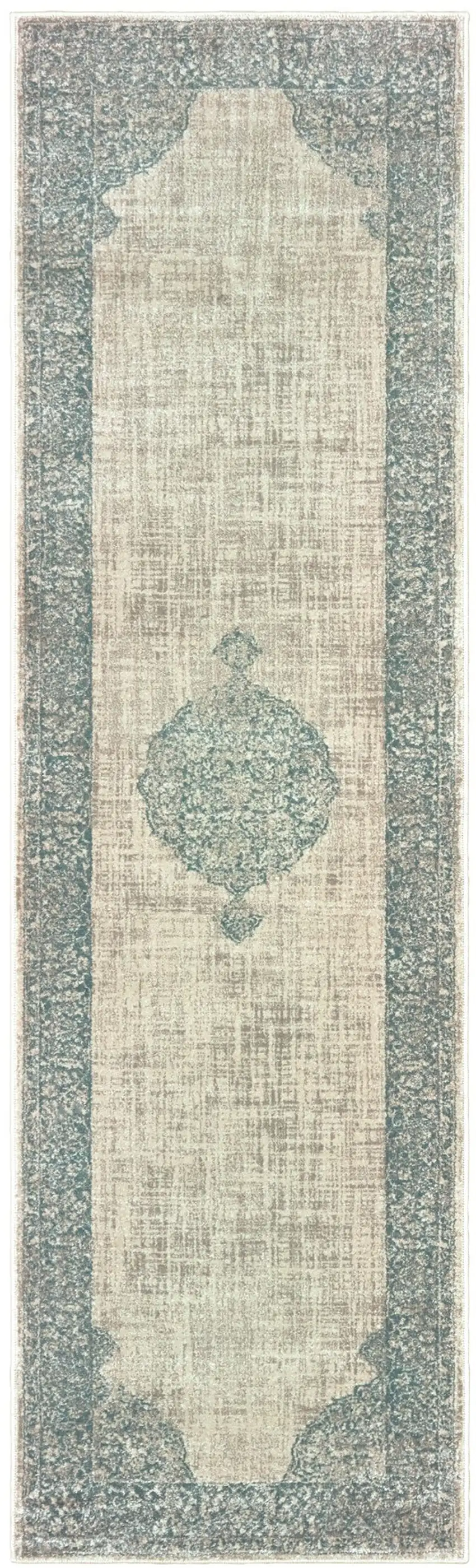 8' Ivory And Blue Oriental Runner Rug Photo 2