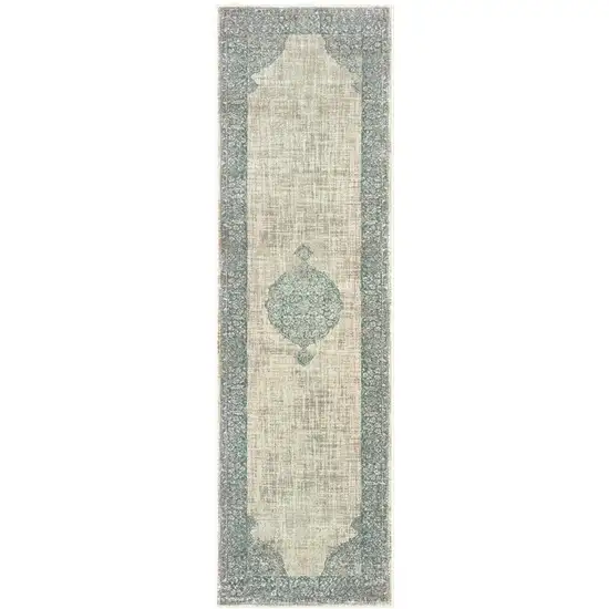 8' Ivory And Blue Oriental Runner Rug Photo 2