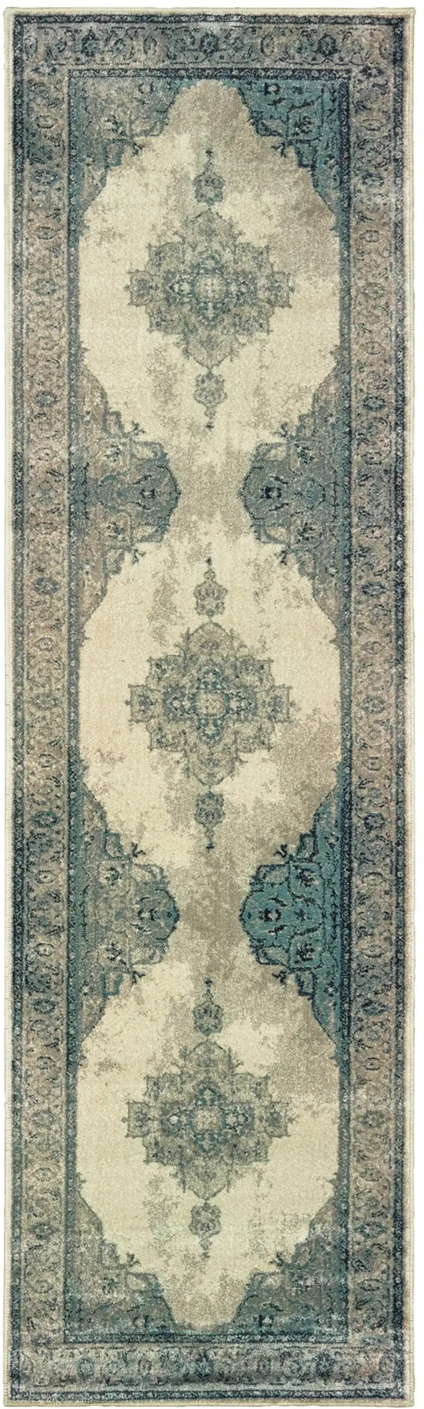 8' Ivory And Blue Oriental Runner Rug Photo 2