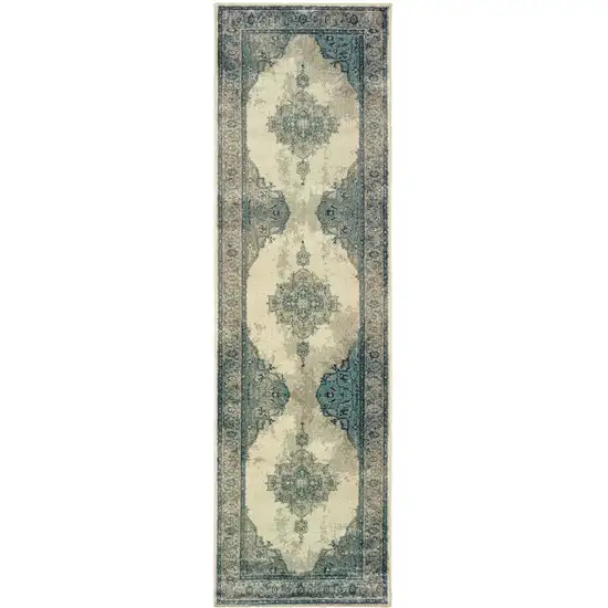 8' Ivory And Blue Oriental Runner Rug Photo 2