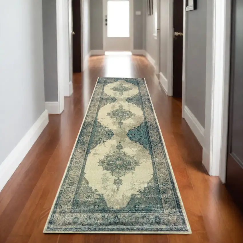 8' Ivory And Blue Oriental Runner Rug Photo 1