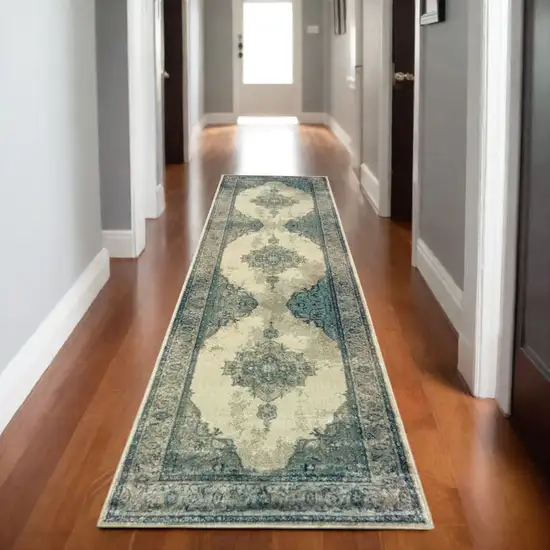 8' Ivory And Blue Oriental Runner Rug Photo 1