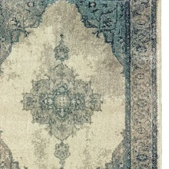 8' Ivory And Blue Oriental Runner Rug Photo 6