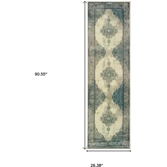 8' Ivory And Blue Oriental Runner Rug Photo 3