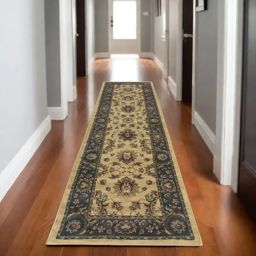 8' Ivory And Blue Oriental Runner Rug Photo 1
