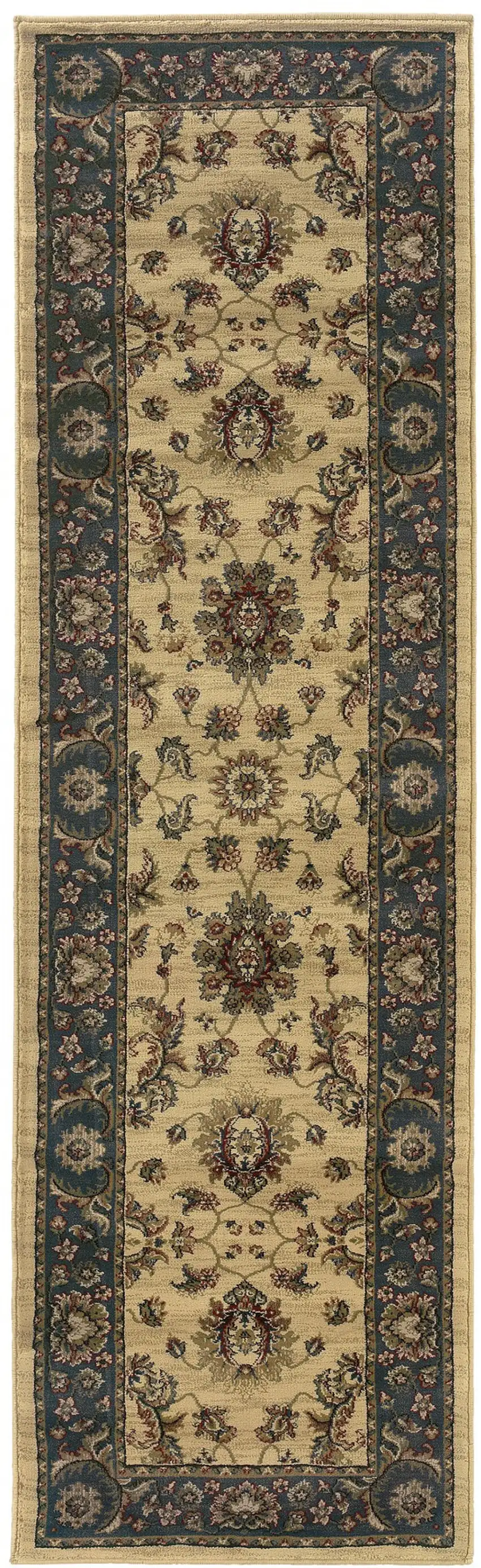 8' Ivory And Blue Oriental Runner Rug Photo 2