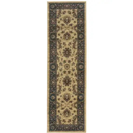 8' Ivory And Blue Oriental Runner Rug Photo 2