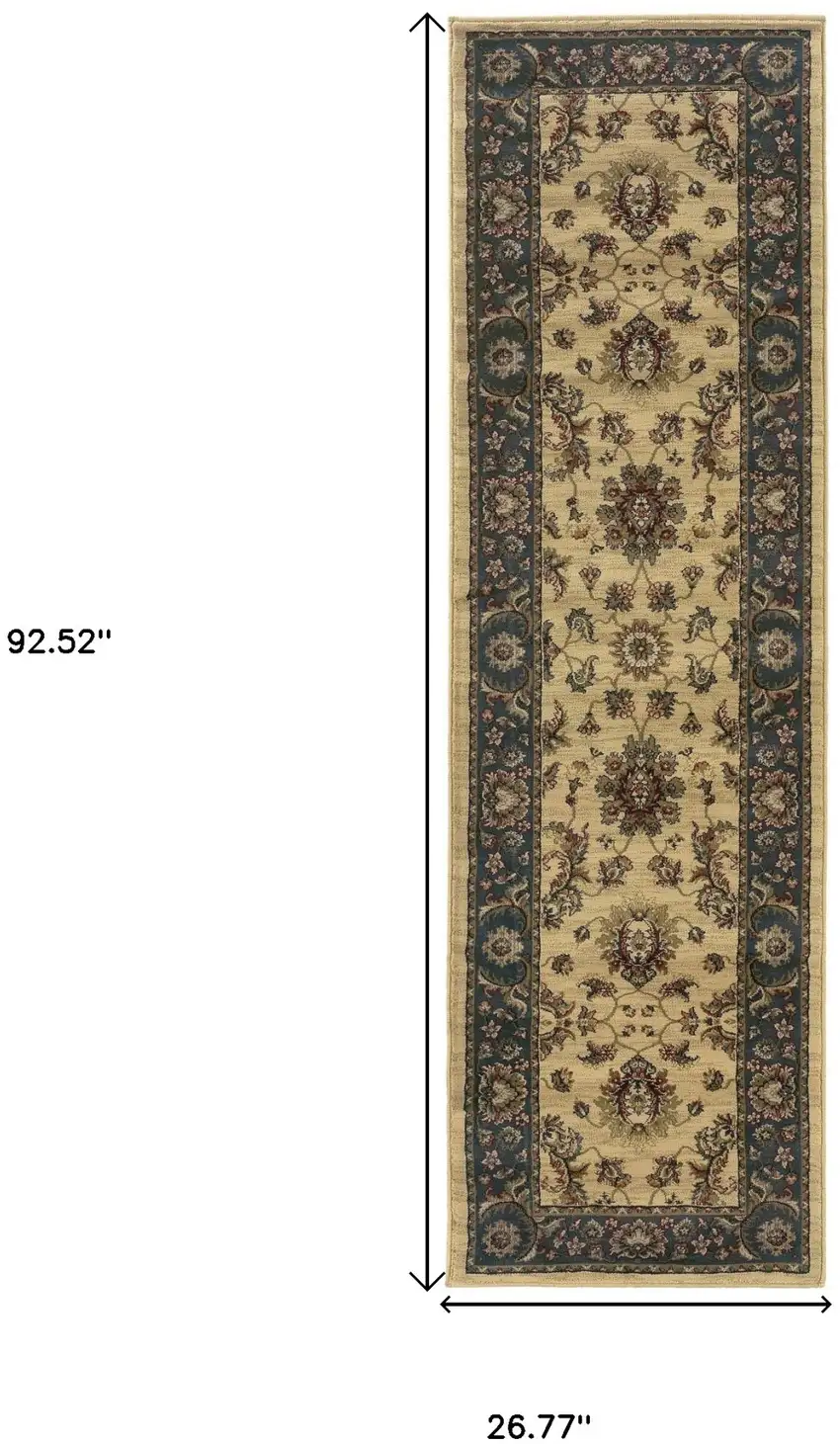 8' Ivory And Blue Oriental Runner Rug Photo 3