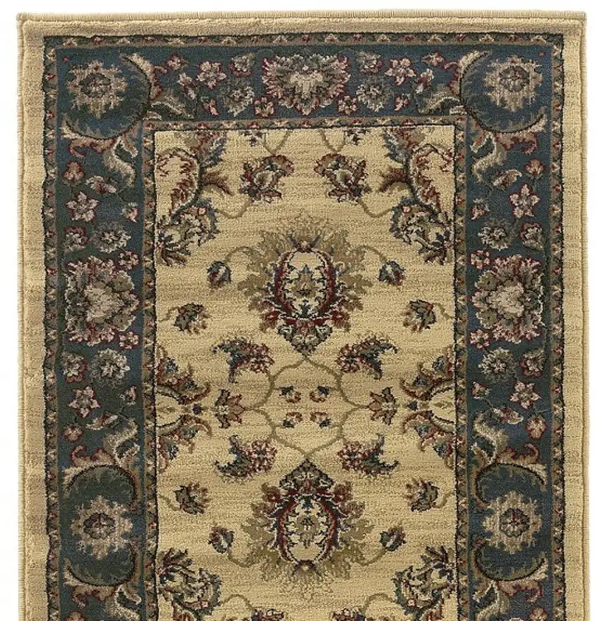 8' Ivory And Blue Oriental Runner Rug Photo 4