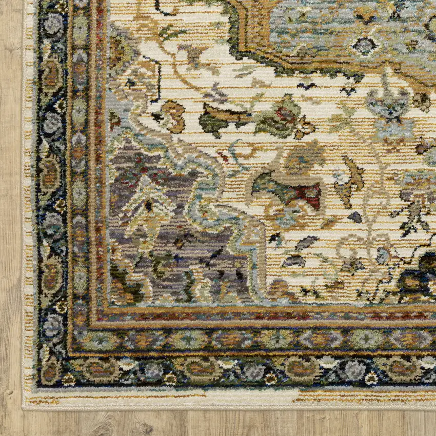 8' Ivory And Blue Oriental Runner Rug Photo 4