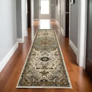 Photo of 8' Ivory And Blue Oriental Runner Rug