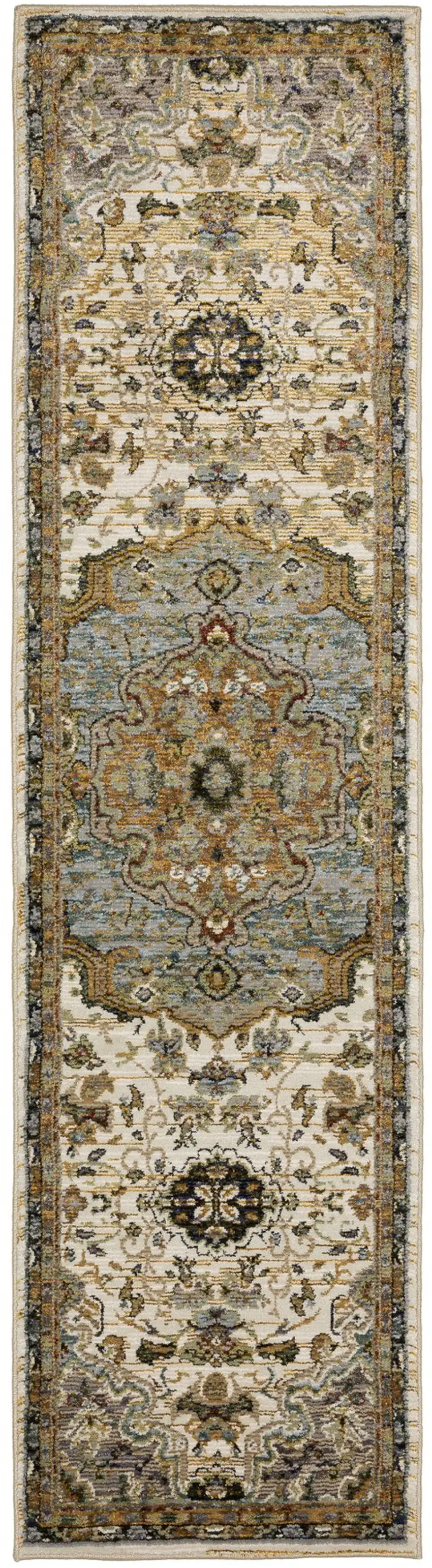 8' Ivory And Blue Oriental Runner Rug Photo 2