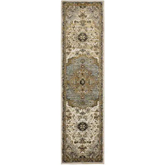 8' Ivory And Blue Oriental Runner Rug Photo 2