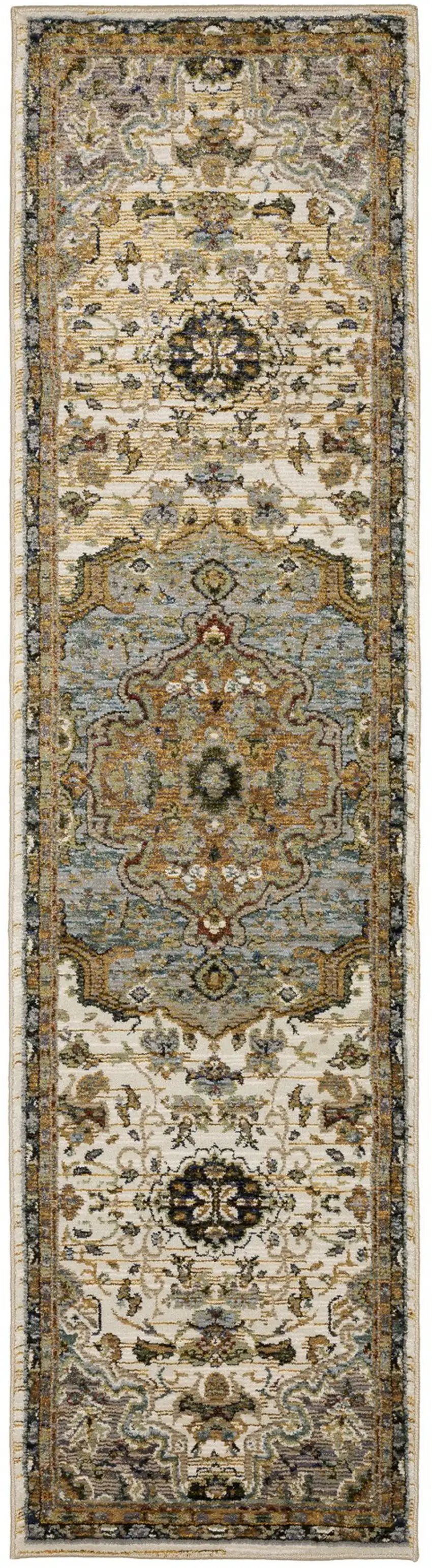 8' Ivory And Blue Oriental Runner Rug Photo 6
