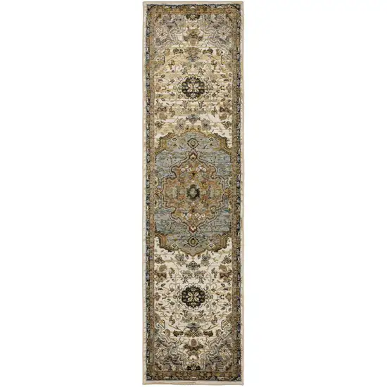 8' Ivory And Blue Oriental Runner Rug Photo 6