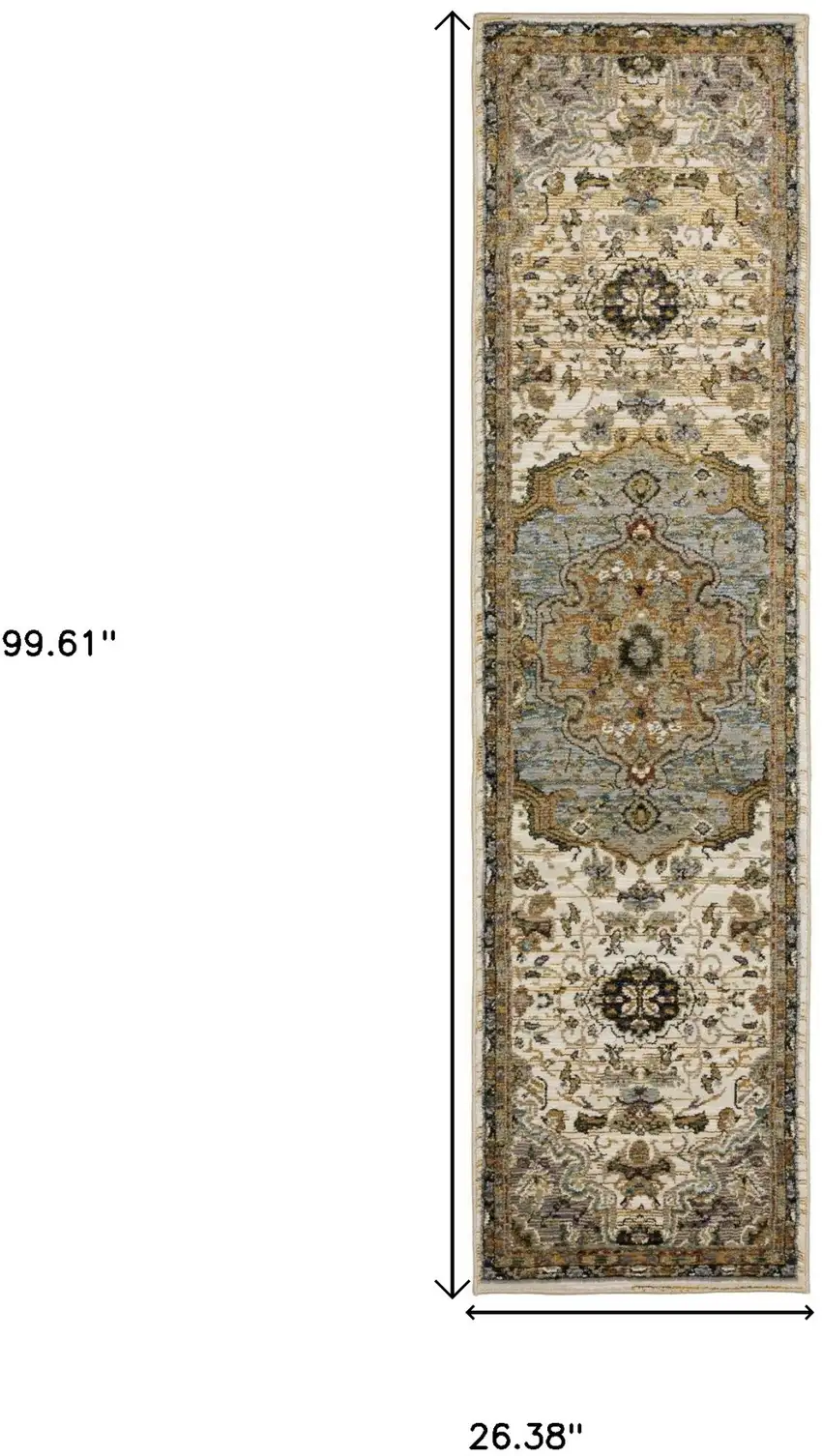 8' Ivory And Blue Oriental Runner Rug Photo 3