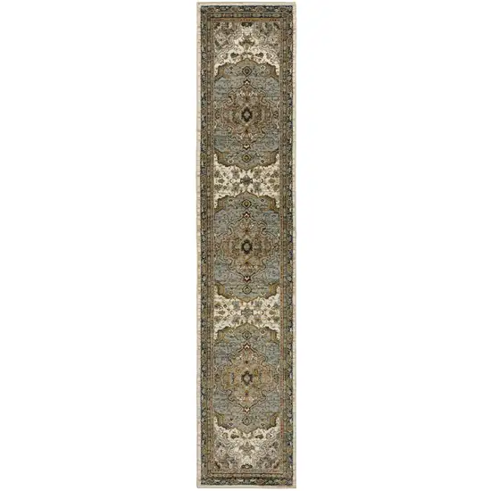 12' Ivory And Blue Oriental Runner Rug Photo 2