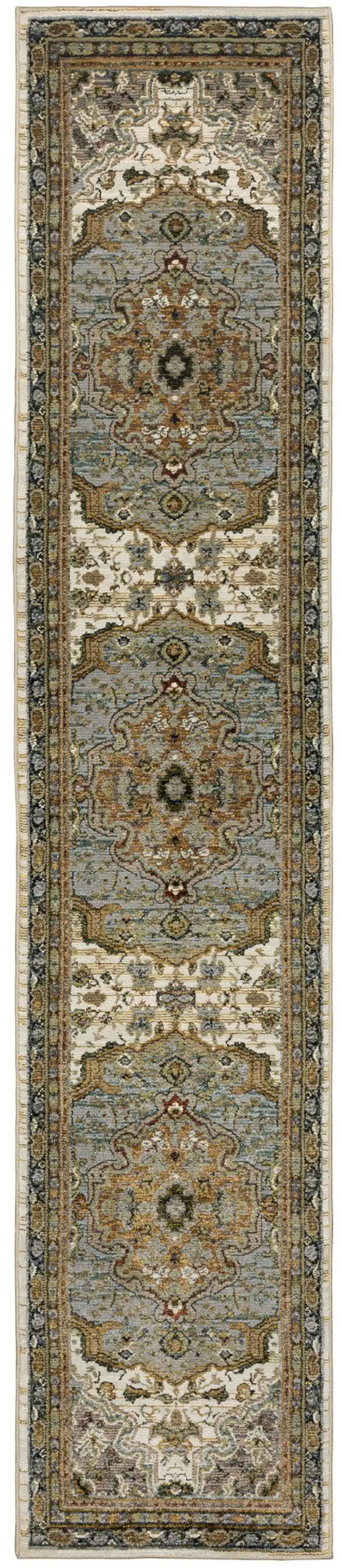 12' Ivory And Blue Oriental Runner Rug Photo 2