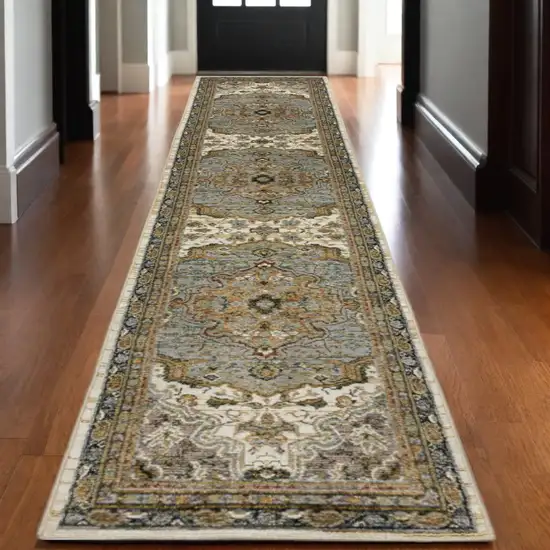 12' Ivory And Blue Oriental Runner Rug Photo 1