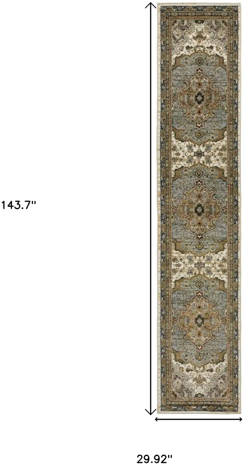 12' Ivory And Blue Oriental Runner Rug Photo 3