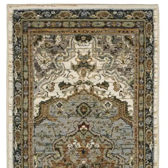 12' Ivory And Blue Oriental Runner Rug Photo 5