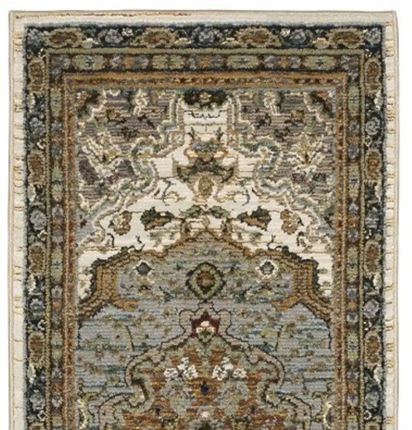 12' Ivory And Blue Oriental Runner Rug Photo 5