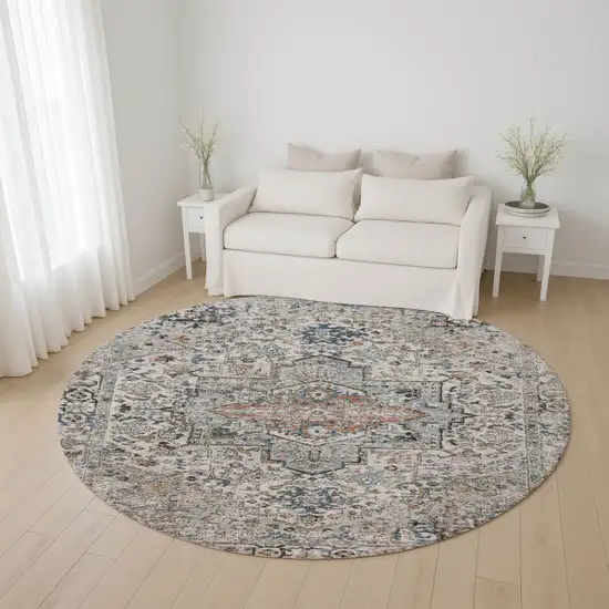 8' Ivory And Blue Oriental Washable Round Rug With UV Protection Photo 4