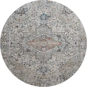 Photo of 8' Ivory And Blue Oriental Washable Round Rug With UV Protection