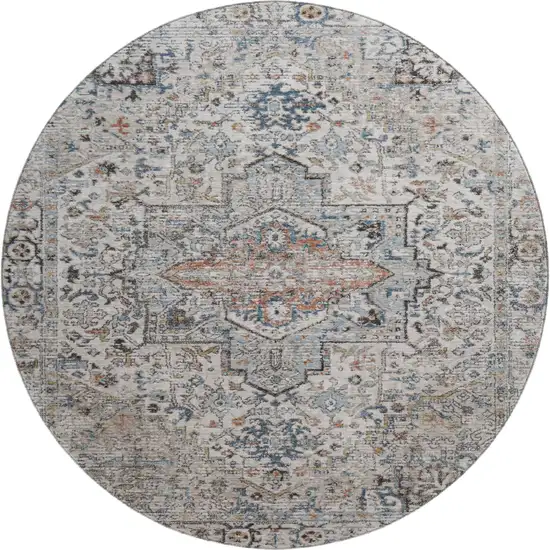 8' Ivory And Blue Oriental Washable Round Rug With UV Protection Photo 1