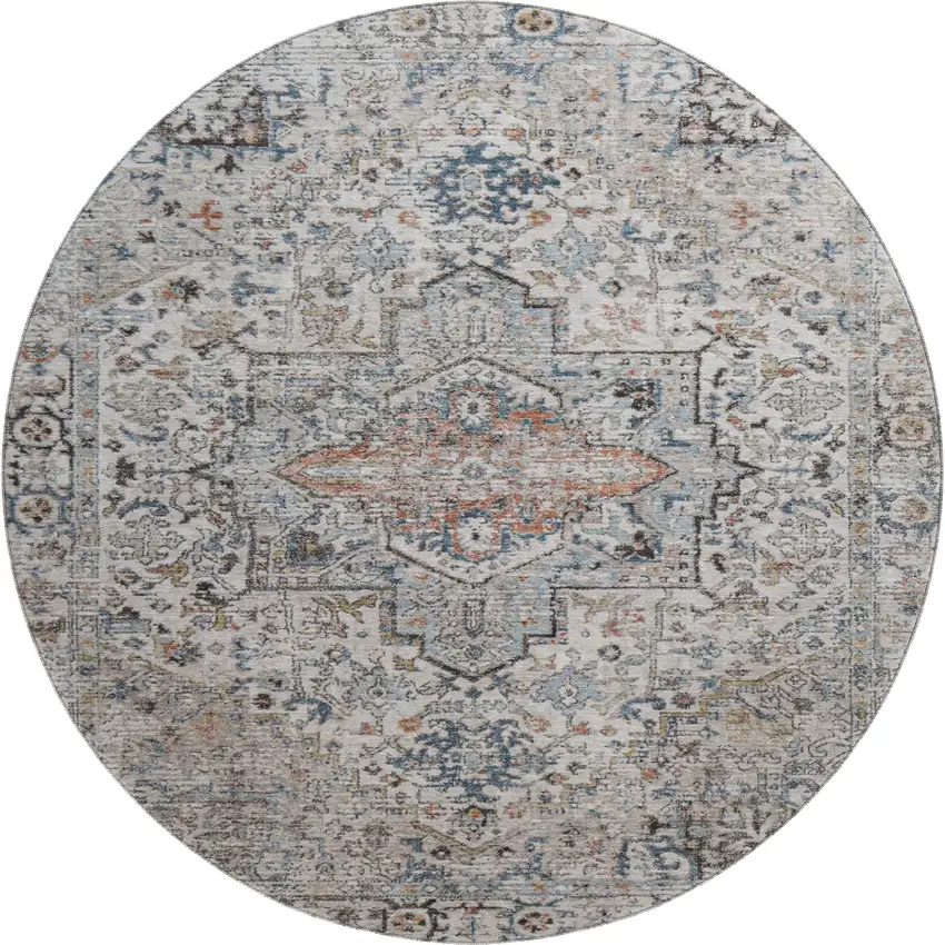 8' Ivory And Blue Oriental Washable Round Rug With UV Protection Photo 1