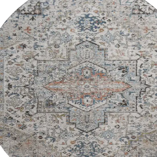 8' Ivory And Blue Oriental Washable Round Rug With UV Protection Photo 2