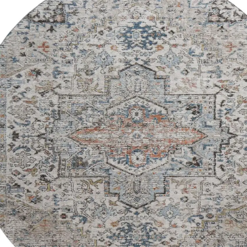 8' Ivory And Blue Oriental Washable Round Rug With UV Protection Photo 2