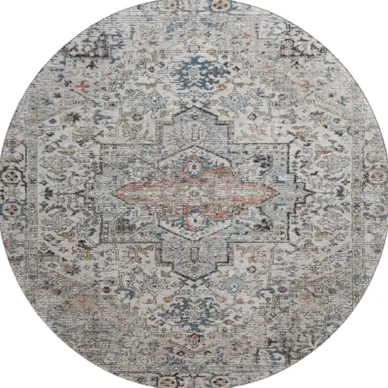 8' Ivory And Blue Oriental Washable Round Rug With UV Protection Photo 3