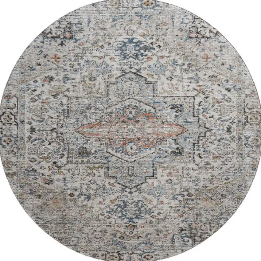 8' Ivory And Blue Oriental Washable Round Rug With UV Protection Photo 3
