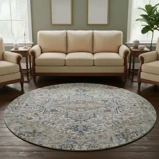8' Ivory And Blue Oriental Washable Round Rug With UV Protection Photo 2