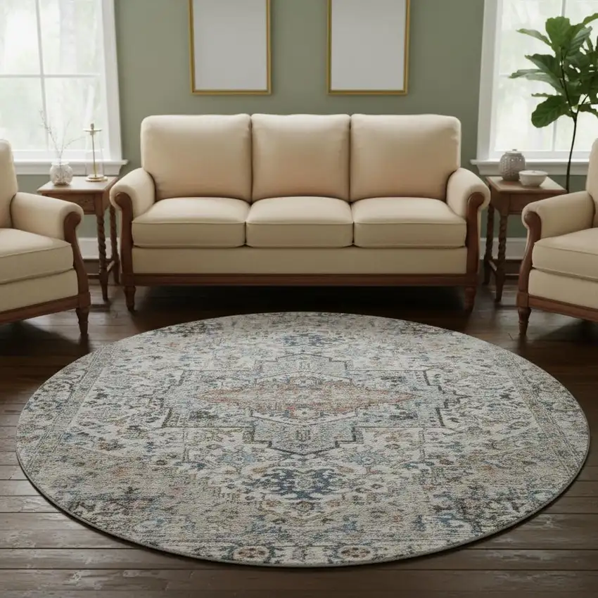 8' Ivory And Blue Oriental Washable Round Rug With UV Protection Photo 2