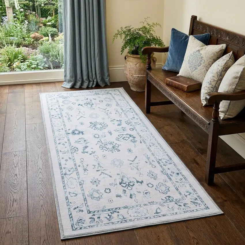 7' Ivory And Blue Oriental Washable Runner Rug Photo 1