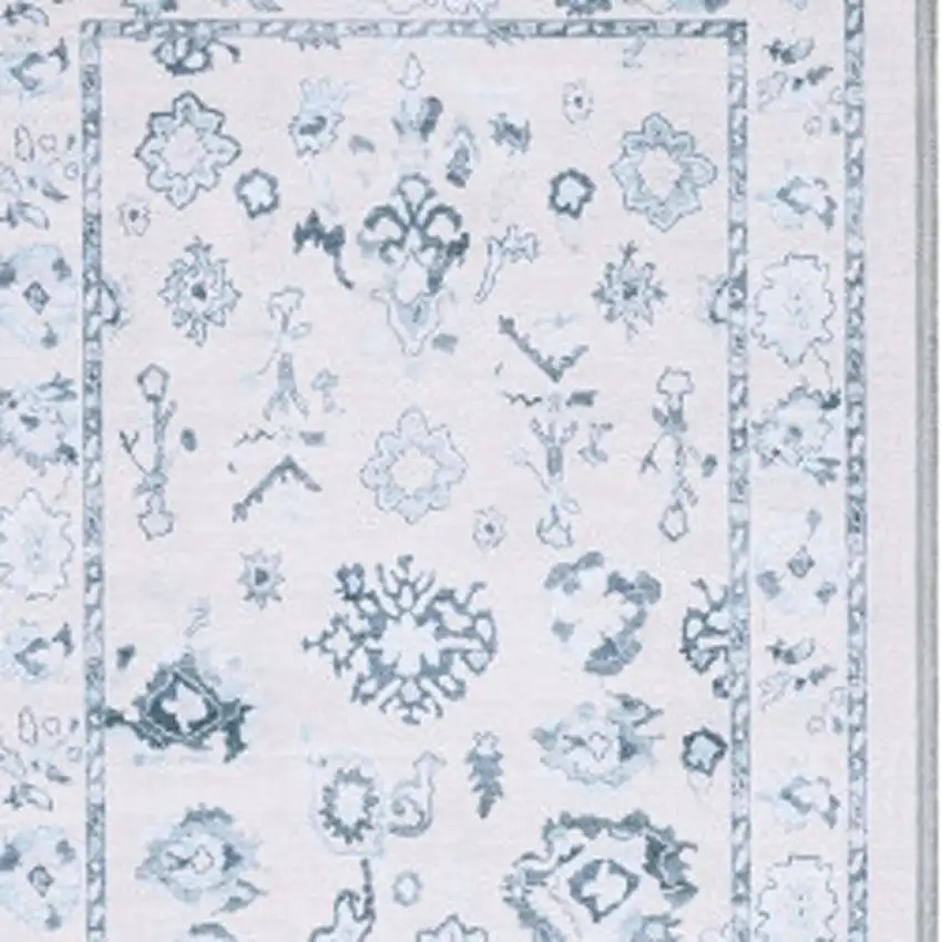 7' Ivory And Blue Oriental Washable Runner Rug Photo 2