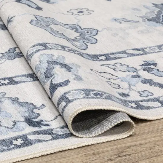 7' Ivory And Blue Oriental Washable Runner Rug Photo 7