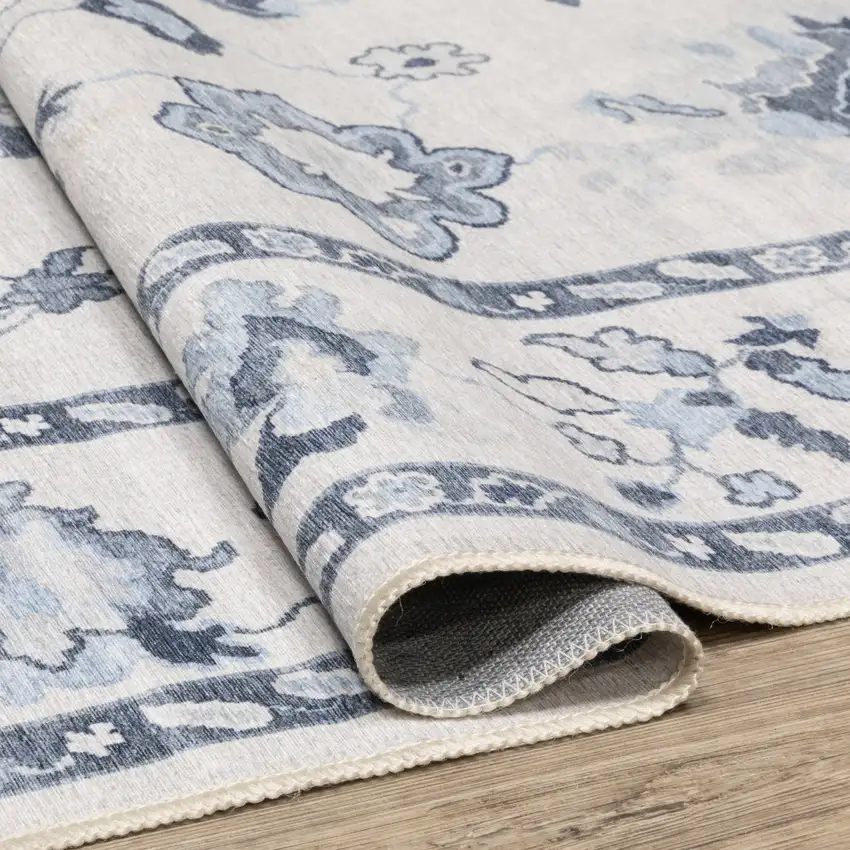 7' Ivory And Blue Oriental Washable Runner Rug Photo 7