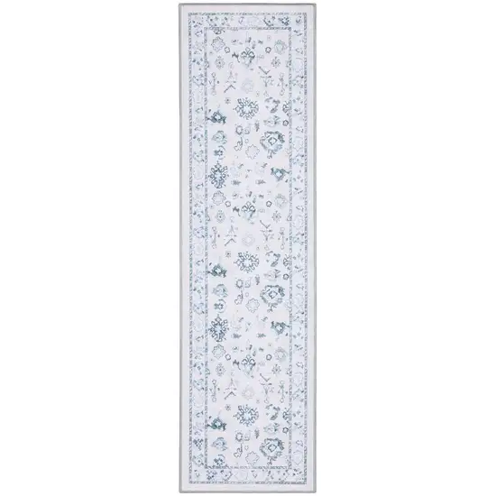 7' Ivory And Blue Oriental Washable Runner Rug Photo 4