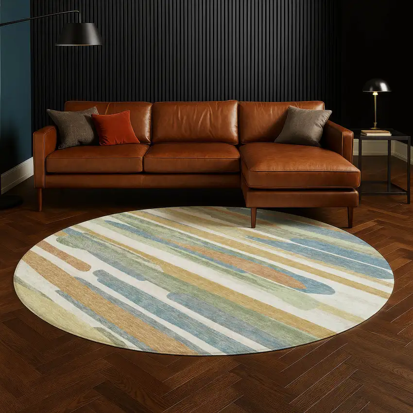 8' Ivory And Blue Round Abstract Washable Indoor Outdoor Area Rug Photo 5
