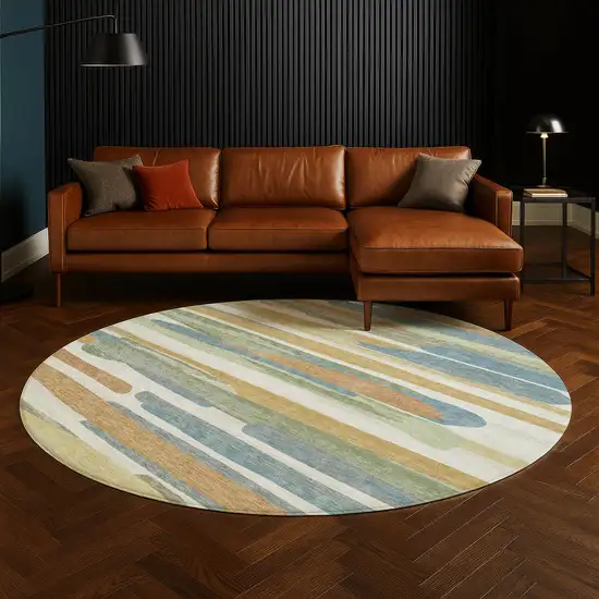 8' Ivory And Blue Round Abstract Washable Indoor Outdoor Area Rug Photo 5