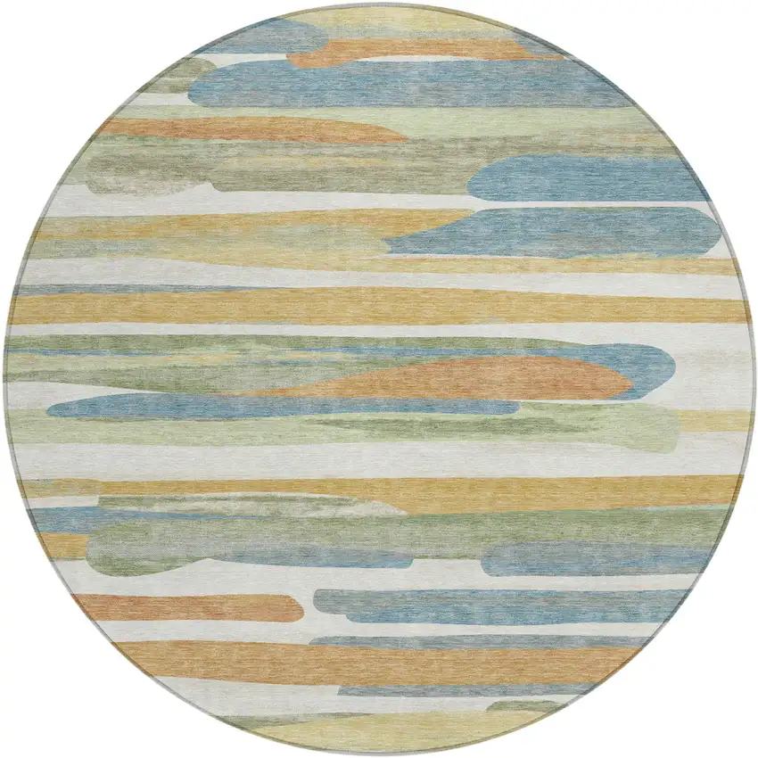 8' Ivory And Blue Round Abstract Washable Indoor Outdoor Area Rug Photo 1