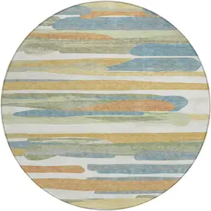 Photo of 8' Ivory And Blue Round Abstract Washable Indoor Outdoor Area Rug