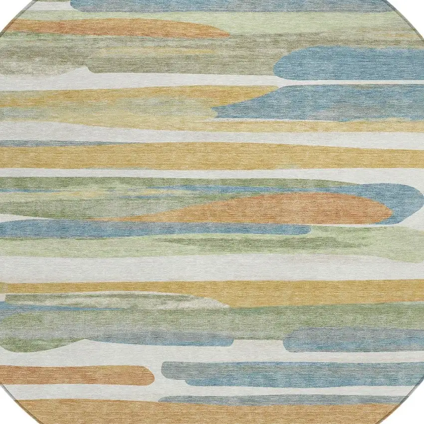 8' Ivory And Blue Round Abstract Washable Indoor Outdoor Area Rug Photo 2