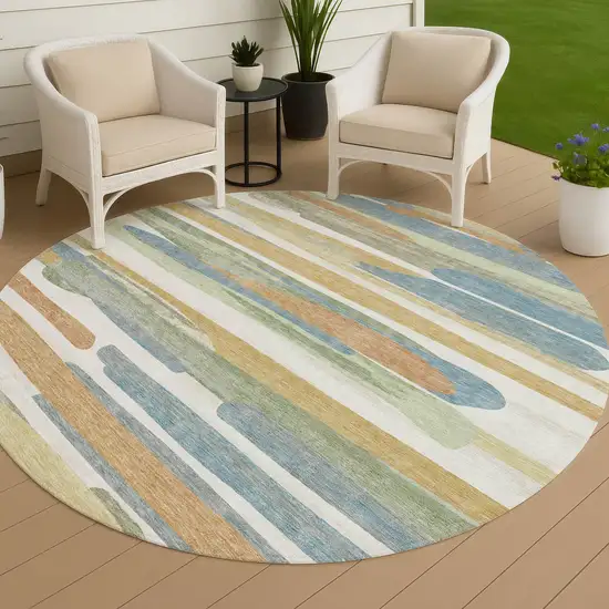 8' Ivory And Blue Round Abstract Washable Indoor Outdoor Area Rug Photo 4