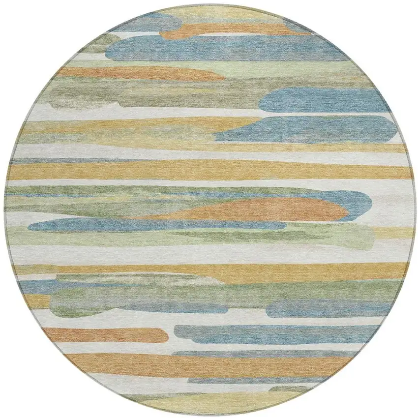 8' Ivory And Blue Round Abstract Washable Indoor Outdoor Area Rug Photo 3